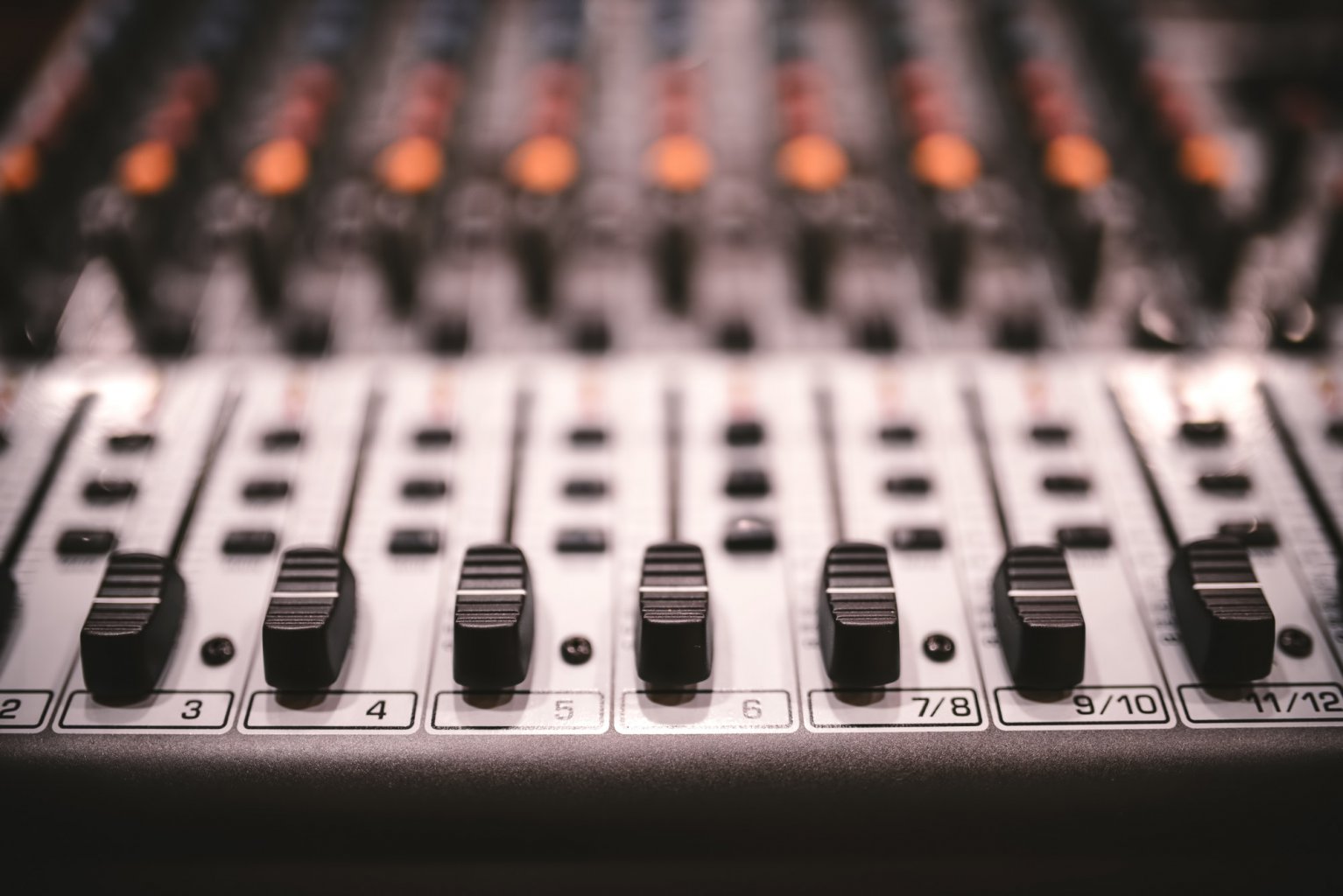 Sound studio recording equipment, music mixer controls at concert or party in a night club